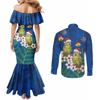 New Zealand Kakapo Christmas Couples Matching Mermaid Dress and Long Sleeve Button Shirt Owl Parrot Santa Sliver Fern Manuka - Blue - Polynesian Pride