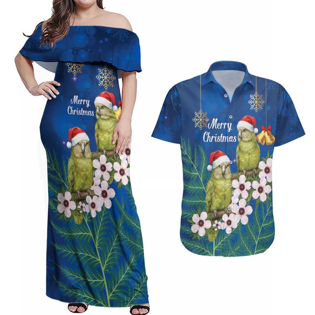 New Zealand Kakapo Christmas Couples Matching Off Shoulder Maxi Dress and Hawaiian Shirt Owl Parrot Santa Sliver Fern Manuka - Blue - Polynesian Pride