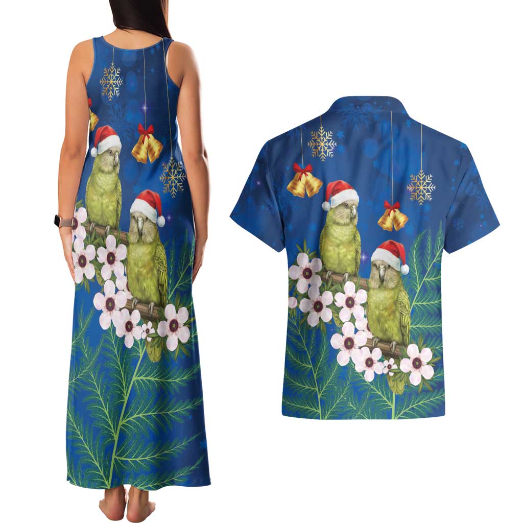 New Zealand Kakapo Christmas Couples Matching Tank Maxi Dress and Hawaiian Shirt Owl Parrot Santa Sliver Fern Manuka - Blue - Polynesian Pride