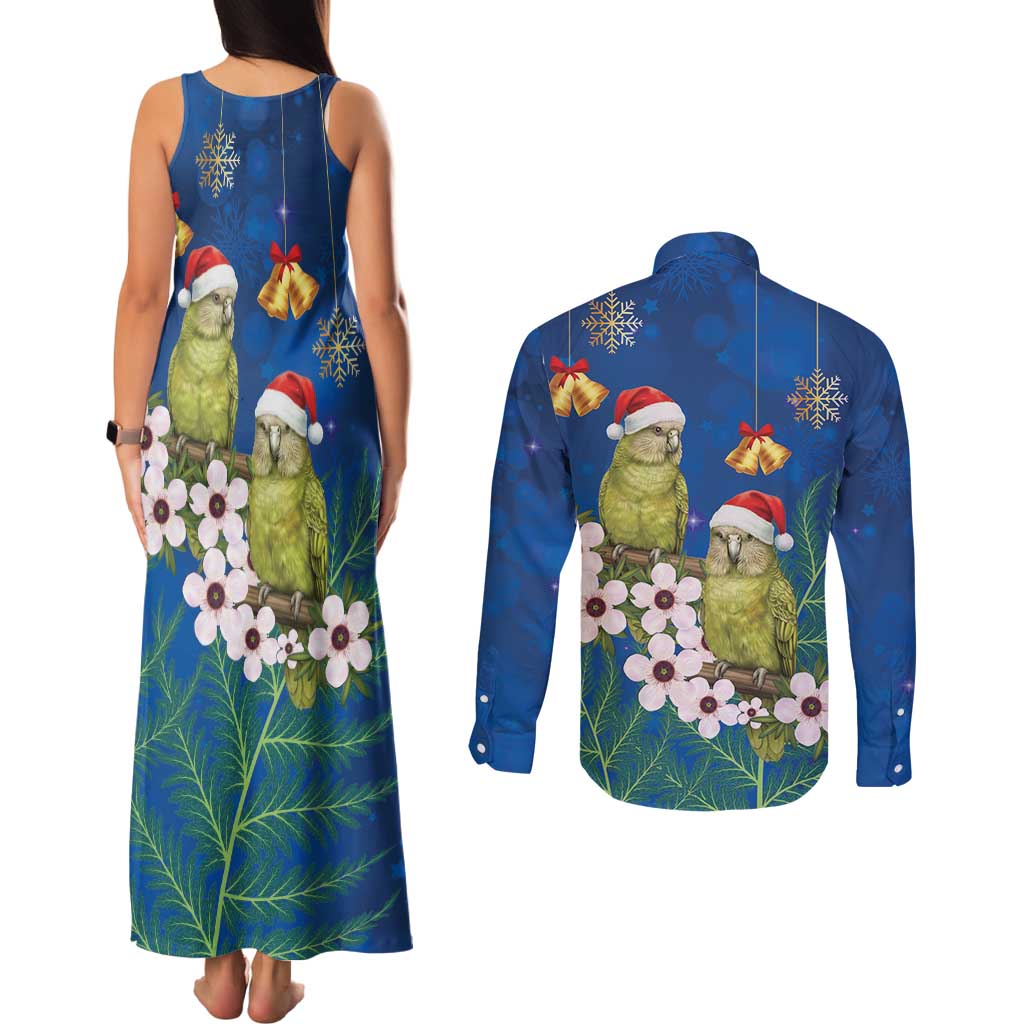 New Zealand Kakapo Christmas Couples Matching Tank Maxi Dress and Long Sleeve Button Shirt Owl Parrot Santa Sliver Fern Manuka - Blue - Polynesian Pride