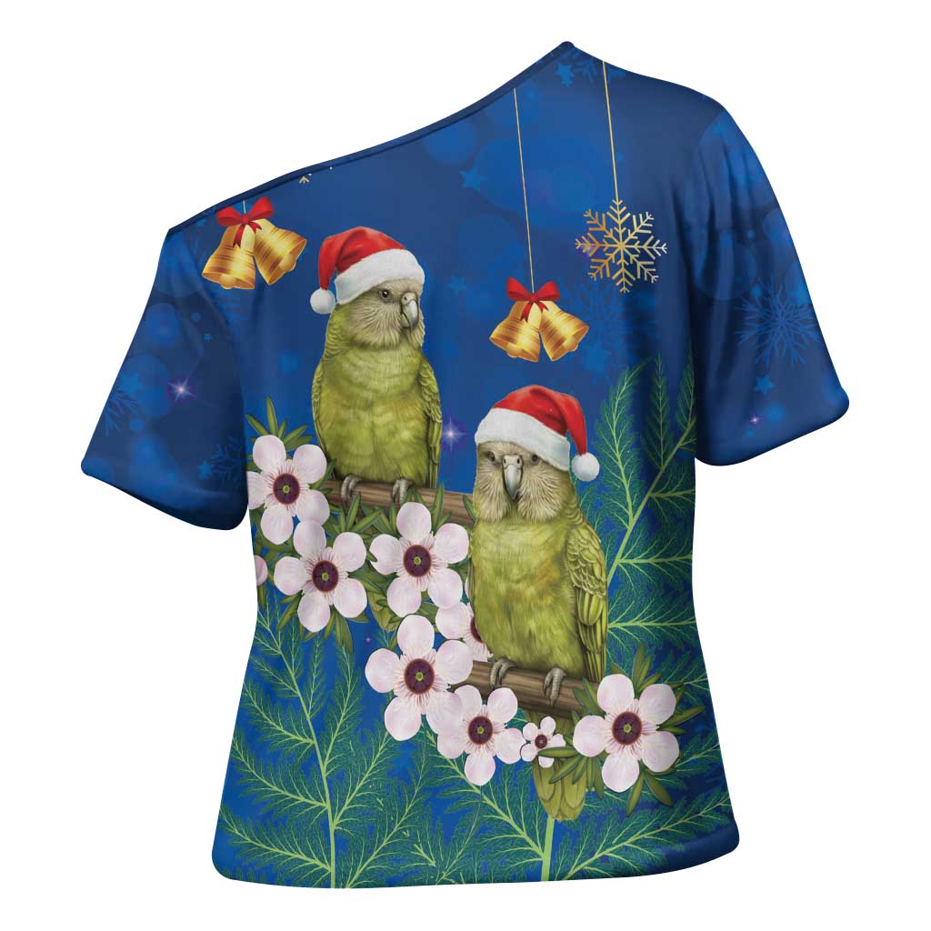 New Zealand Kakapo Christmas Cross Shoulder Shirt Owl Parrot Santa Sliver Fern Manuka - Blue - Polynesian Pride