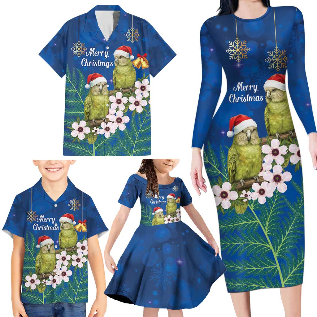 New Zealand Kakapo Christmas Family Matching Long Sleeve Bodycon Dress and Hawaiian Shirt Owl Parrot Santa Sliver Fern Manuka - Blue - Polynesian Pride
