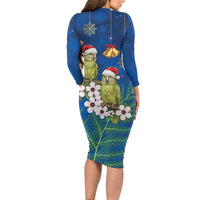 New Zealand Kakapo Christmas Family Matching Long Sleeve Bodycon Dress and Hawaiian Shirt Owl Parrot Santa Sliver Fern Manuka - Blue - Polynesian Pride