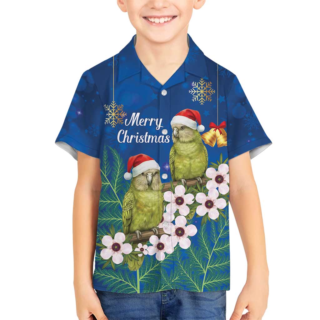 New Zealand Kakapo Christmas Family Matching Long Sleeve Bodycon Dress and Hawaiian Shirt Owl Parrot Santa Sliver Fern Manuka - Blue - Polynesian Pride