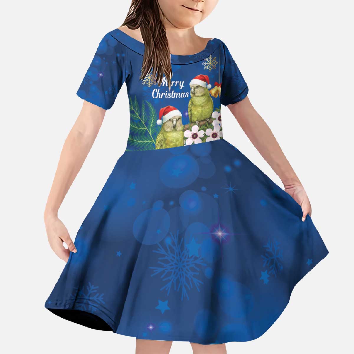New Zealand Kakapo Christmas Family Matching Off The Shoulder Long Sleeve Dress and Hawaiian Shirt Owl Parrot Santa Sliver Fern Manuka - Blue - Polynesian Pride