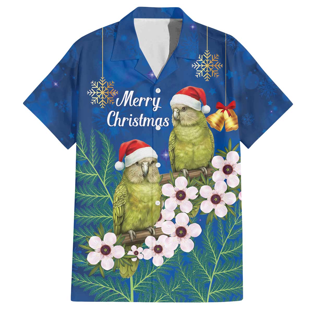 New Zealand Kakapo Christmas Family Matching Off The Shoulder Long Sleeve Dress and Hawaiian Shirt Owl Parrot Santa Sliver Fern Manuka - Blue - Polynesian Pride