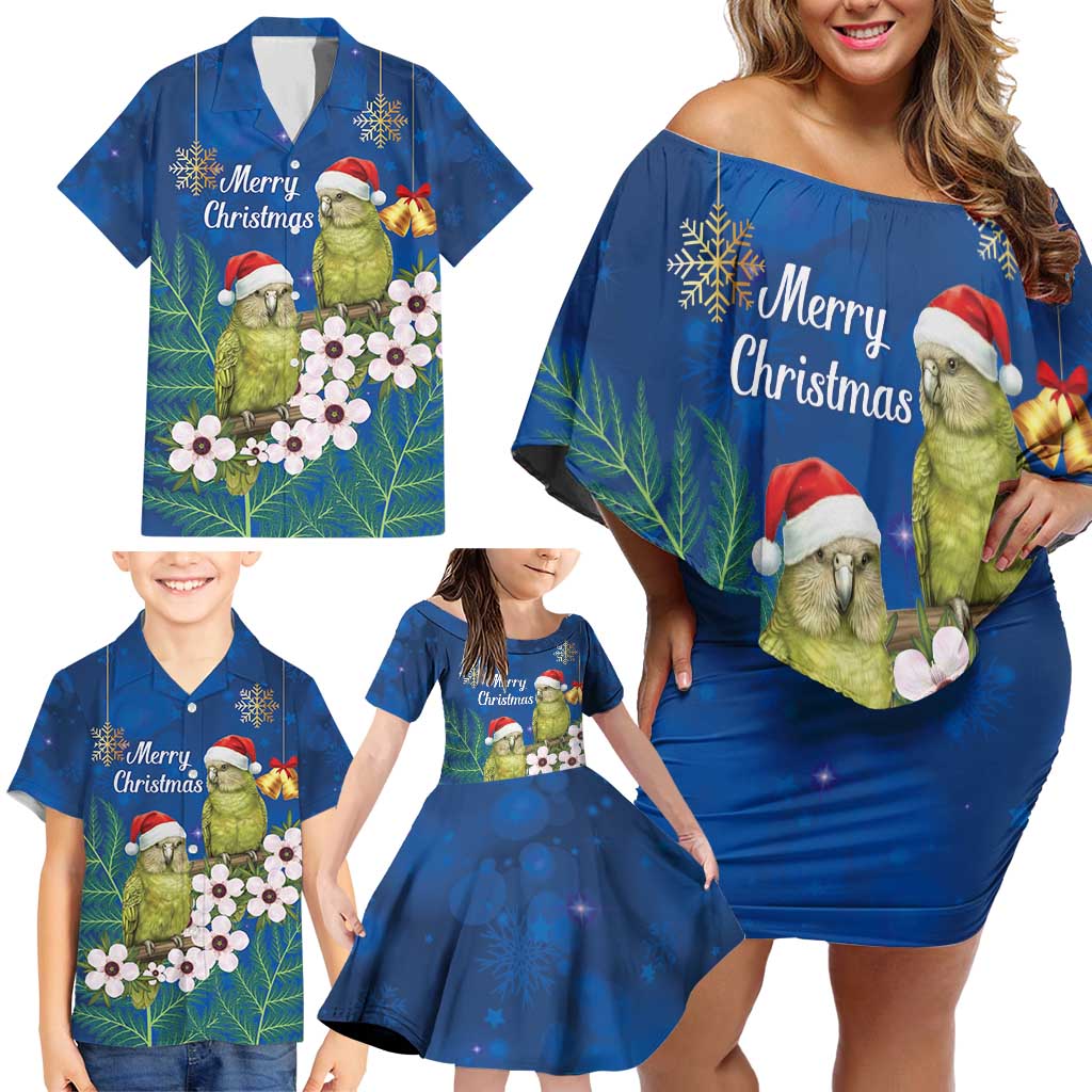 New Zealand Kakapo Christmas Family Matching Off Shoulder Short Dress and Hawaiian Shirt Owl Parrot Santa Sliver Fern Manuka - Blue - Polynesian Pride