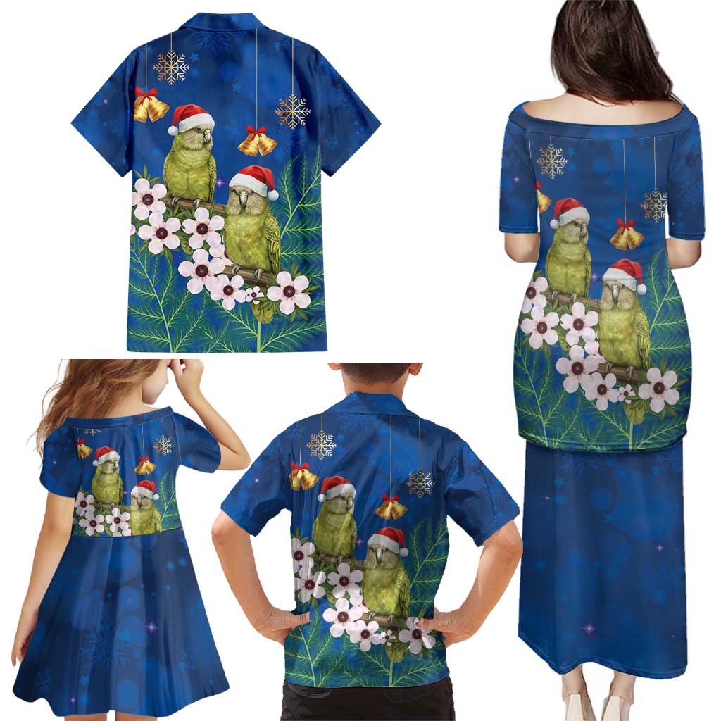 New Zealand Kakapo Christmas Family Matching Puletasi and Hawaiian Shirt Owl Parrot Santa Sliver Fern Manuka - Blue - Polynesian Pride