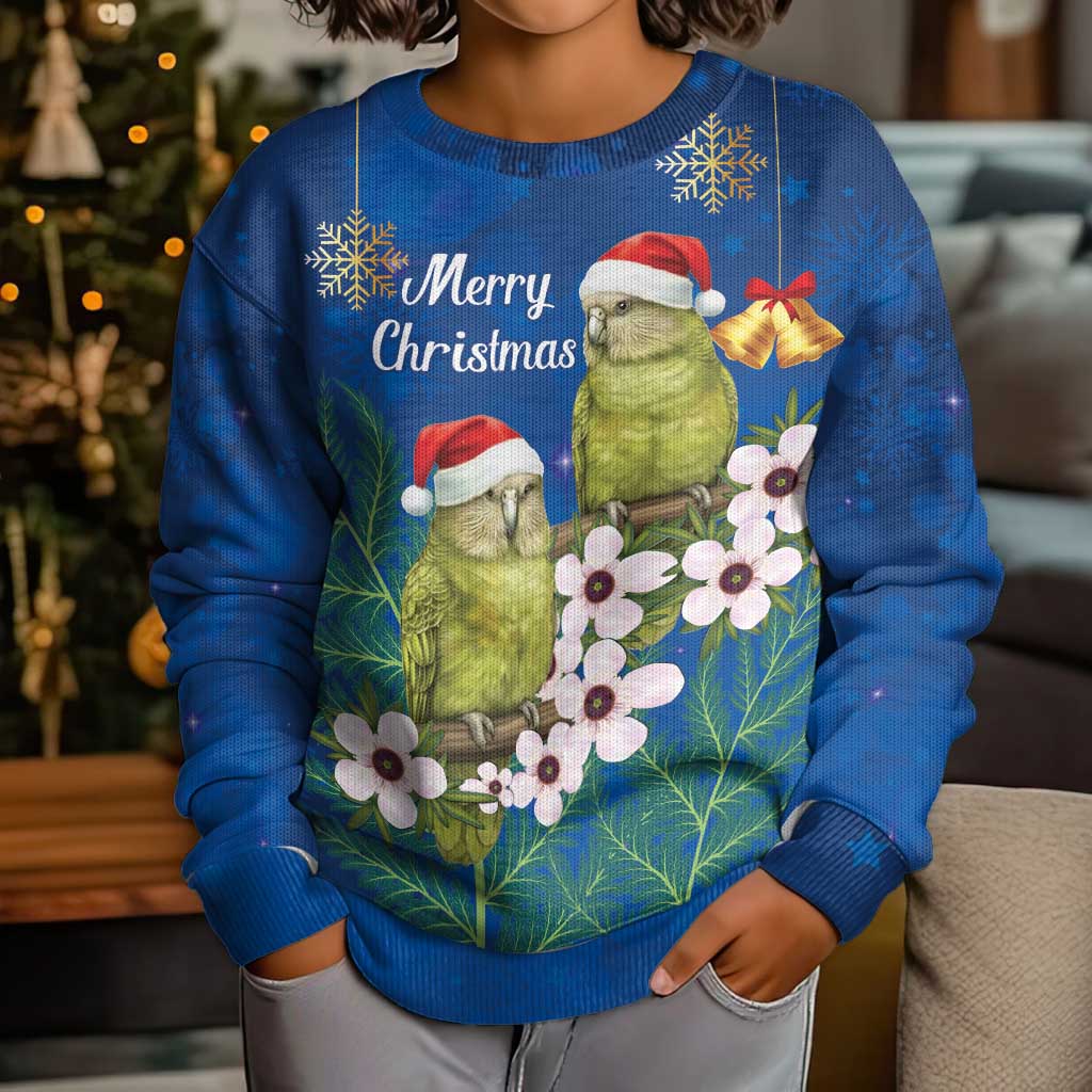 New Zealand Kakapo Christmas Kid Ugly Christmas Sweater Owl Parrot Santa Sliver Fern Manuka - Blue - Polynesian Pride