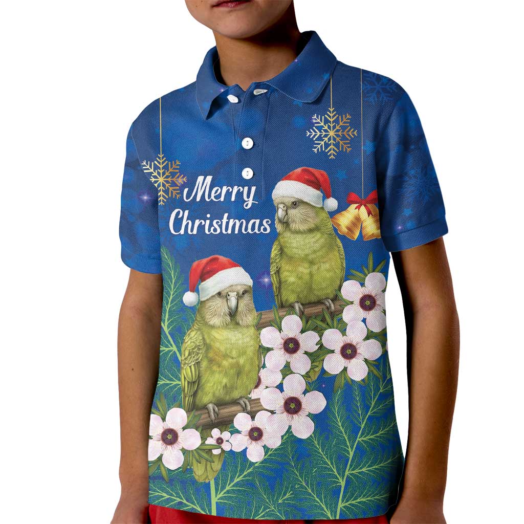New Zealand Kakapo Christmas Kid Polo Shirt Owl Parrot Santa Sliver Fern Manuka - Blue - Polynesian Pride