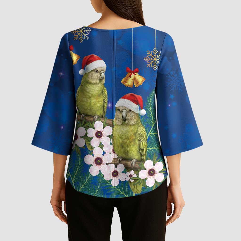 New Zealand Kakapo Christmas Kimono Sleeve Blouse Owl Parrot Santa Sliver Fern Manuka - Blue - Polynesian Pride