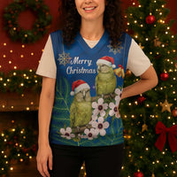 New Zealand Kakapo Christmas Knitted V-Neck Vest Owl Parrot Santa Sliver Fern Manuka - Blue - Polynesian Pride