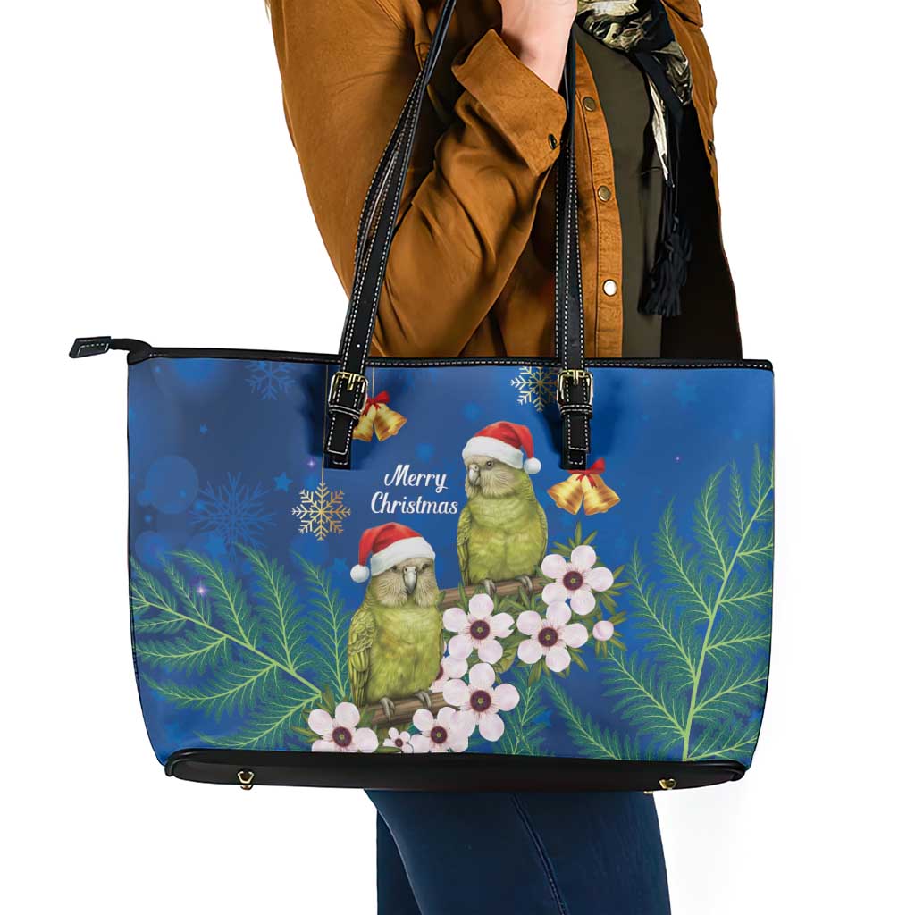 New Zealand Kakapo Christmas Leather Tote Bag Owl Parrot Santa Sliver Fern Manuka - Blue - Polynesian Pride