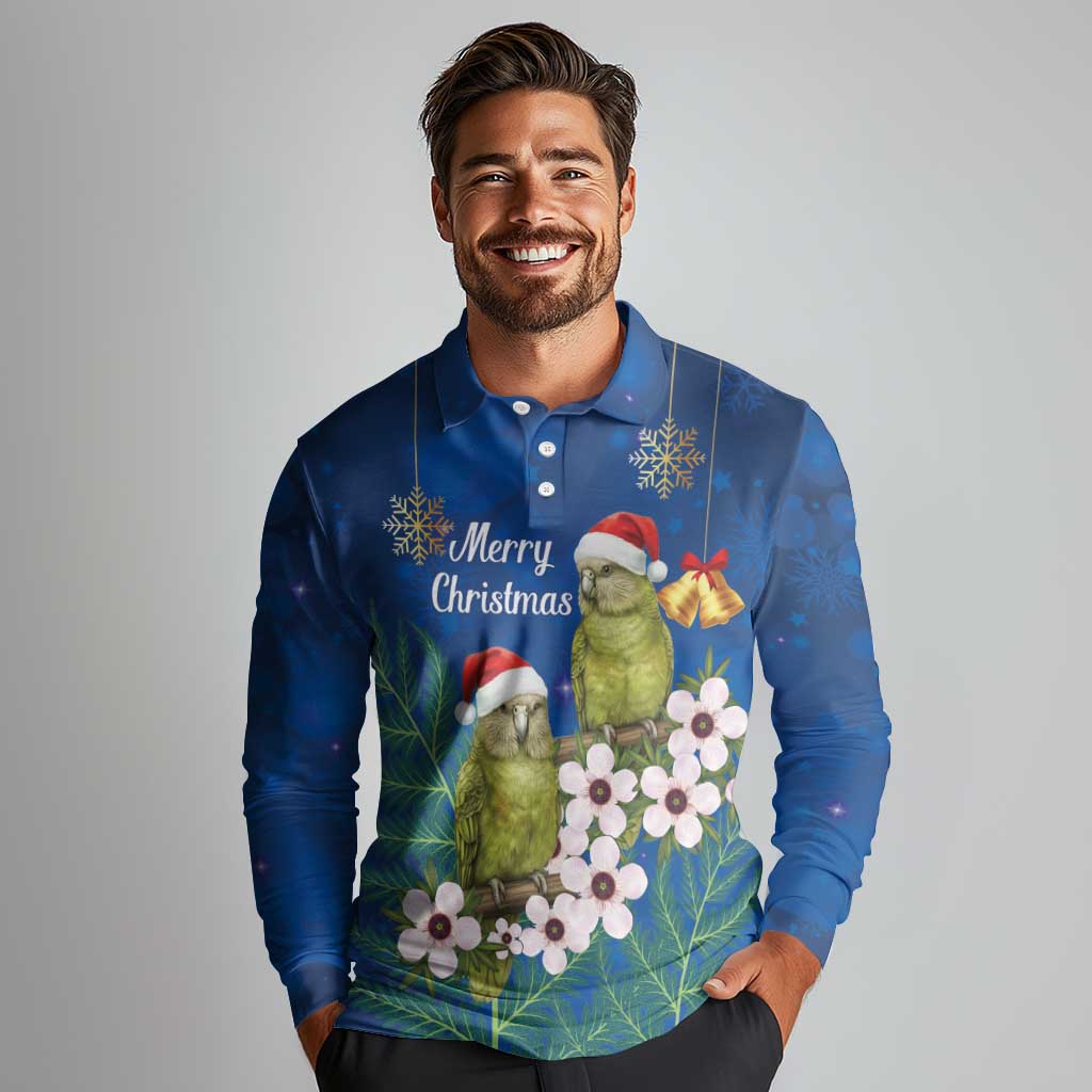 New Zealand Kakapo Christmas Long Sleeve Polo Shirt Owl Parrot Santa Sliver Fern Manuka - Blue - Polynesian Pride