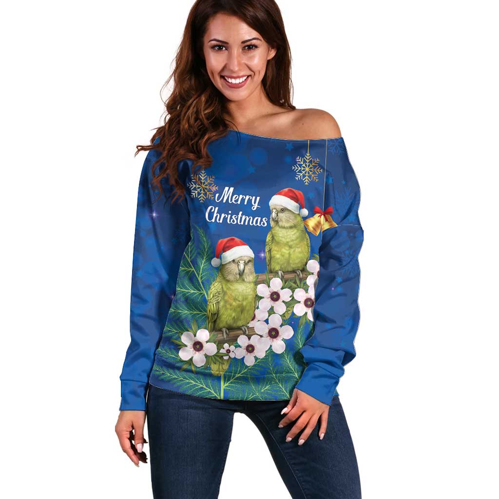 New Zealand Kakapo Christmas Off Shoulder Sweater Owl Parrot Santa Sliver Fern Manuka - Blue - Polynesian Pride
