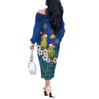 New Zealand Kakapo Christmas Off The Shoulder Long Sleeve Dress Owl Parrot Santa Sliver Fern Manuka - Blue - Polynesian Pride
