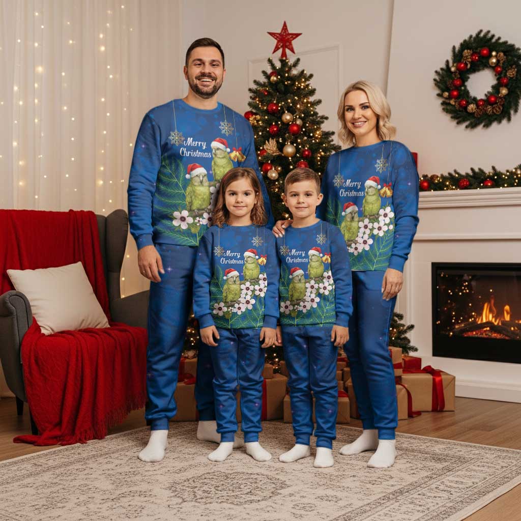 New Zealand Kakapo Christmas Pajama Set Owl Parrot Santa Sliver Fern Manuka - Blue - Polynesian Pride