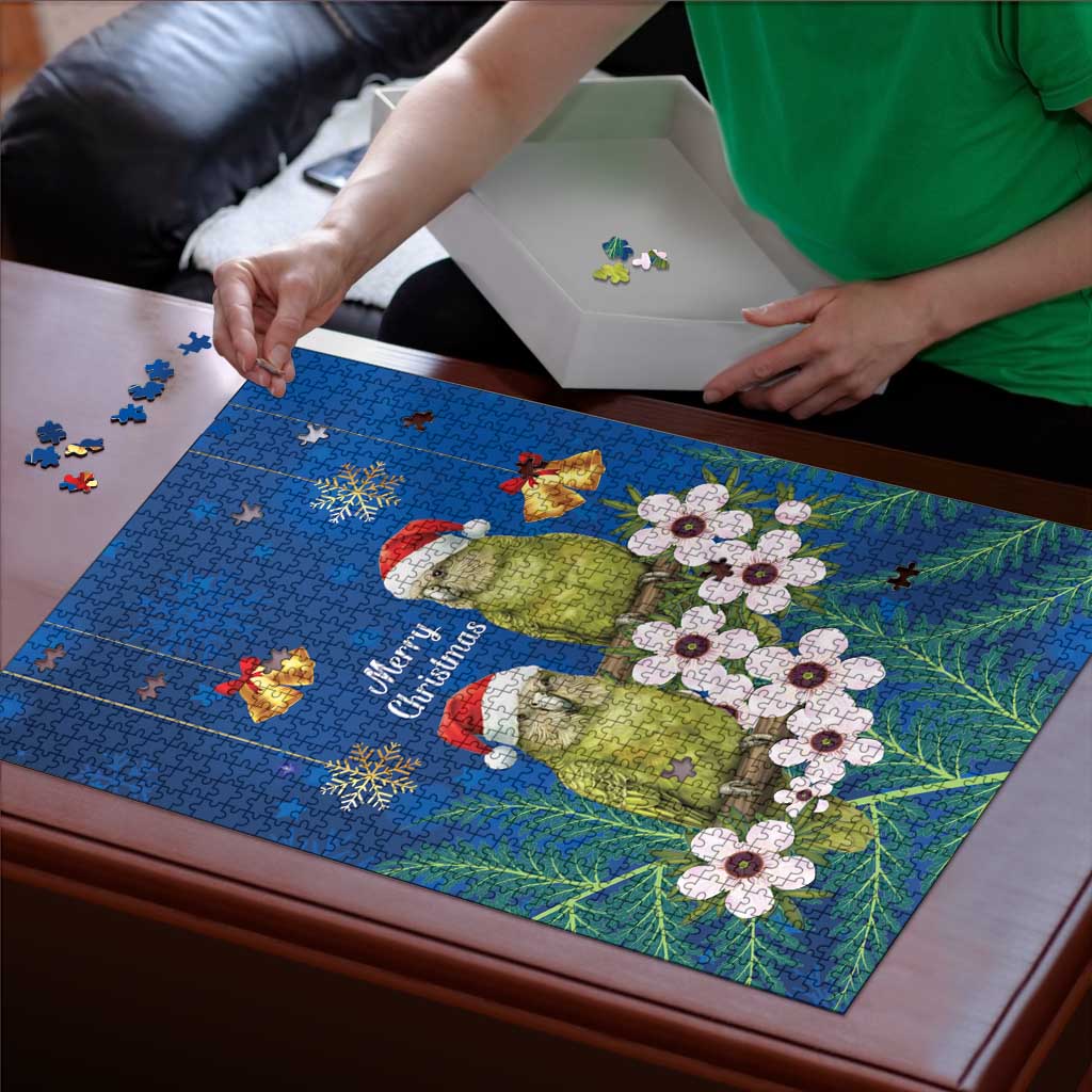 New Zealand Kakapo Christmas Puzzle Owl Parrot Santa Sliver Fern Manuka - Blue - Polynesian Pride