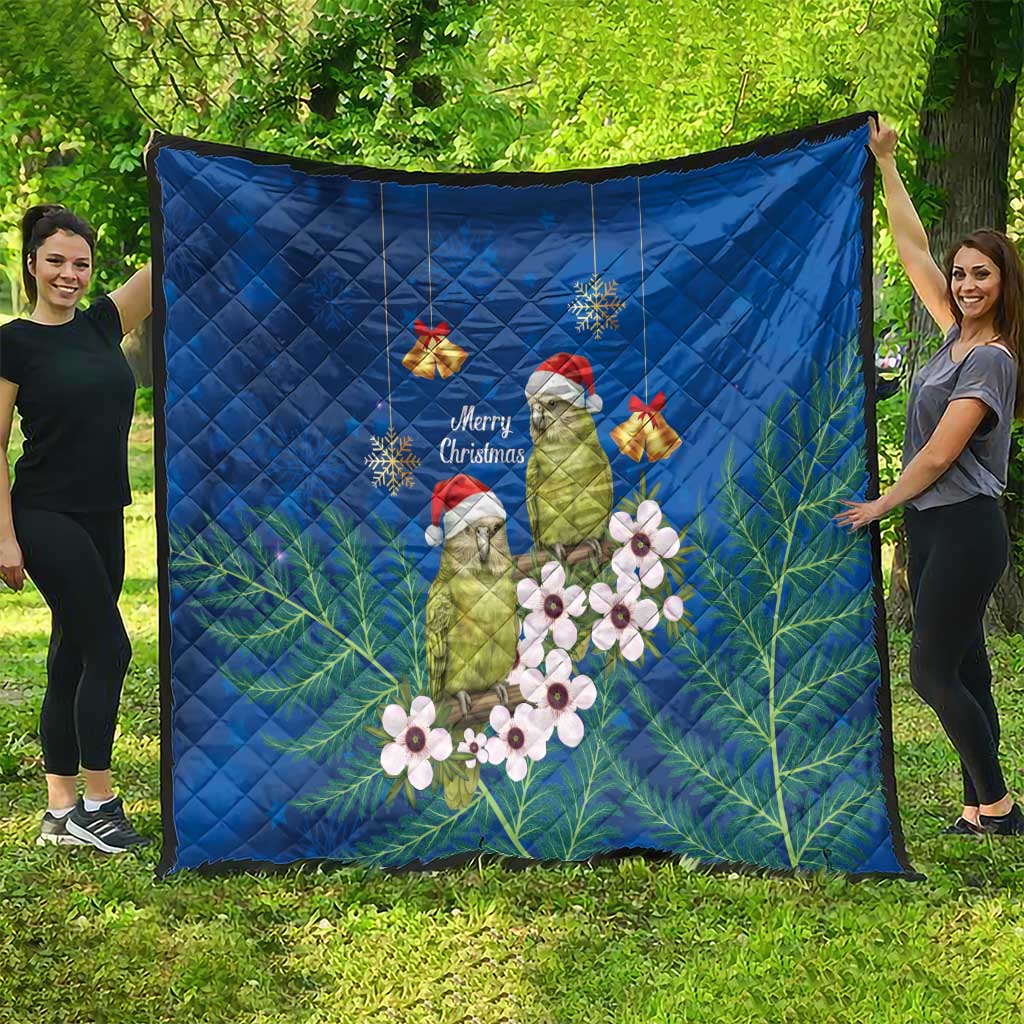 New Zealand Kakapo Christmas Quilt Owl Parrot Santa Sliver Fern Manuka - Blue - Polynesian Pride