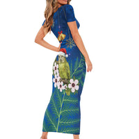 New Zealand Kakapo Christmas Short Sleeve Bodycon Dress Owl Parrot Santa Sliver Fern Manuka - Blue - Polynesian Pride