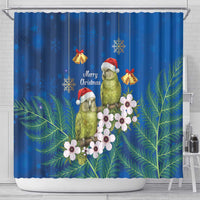 New Zealand Kakapo Christmas Shower Curtain Owl Parrot Santa Sliver Fern Manuka - Blue - Polynesian Pride