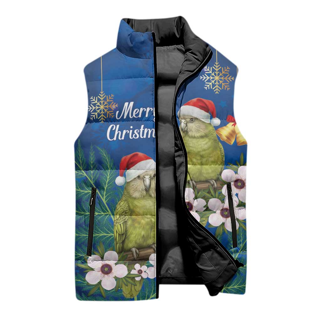 New Zealand Kakapo Christmas Sleeveless Puffer Jacket Owl Parrot Santa Sliver Fern Manuka - Blue - Polynesian Pride