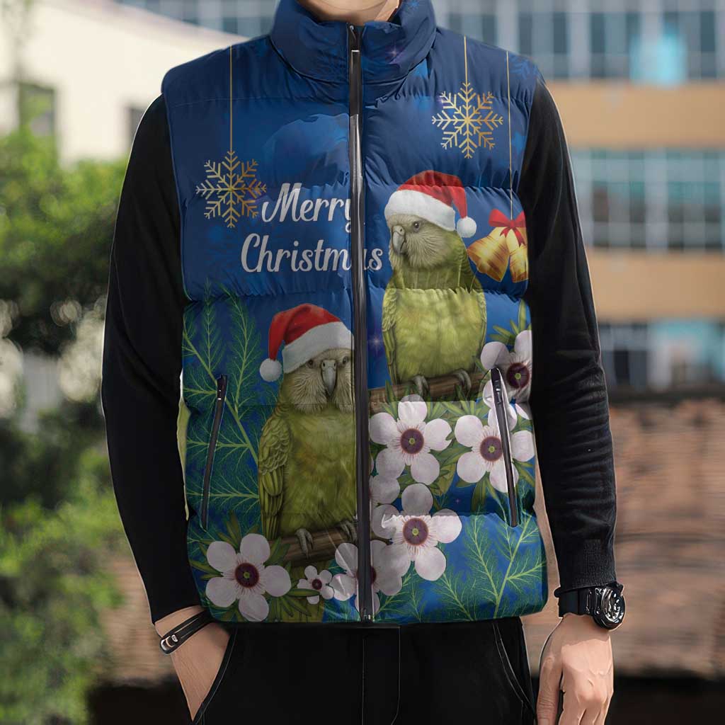 New Zealand Kakapo Christmas Sleeveless Puffer Jacket Owl Parrot Santa Sliver Fern Manuka - Blue - Polynesian Pride