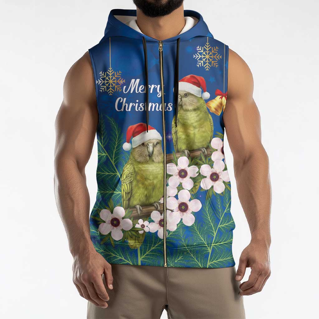New Zealand Kakapo Christmas Sleeveless Zip Hoodie Owl Parrot Santa Sliver Fern Manuka - Blue - Polynesian Pride
