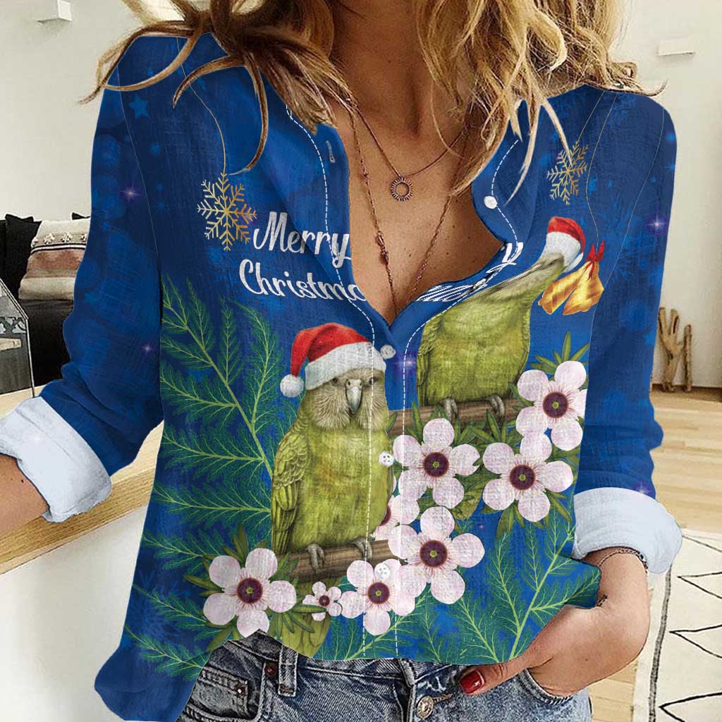 New Zealand Kakapo Christmas Women Casual Shirt Owl Parrot Santa Sliver Fern Manuka - Blue LT14 Female Blue - Polynesian Pride