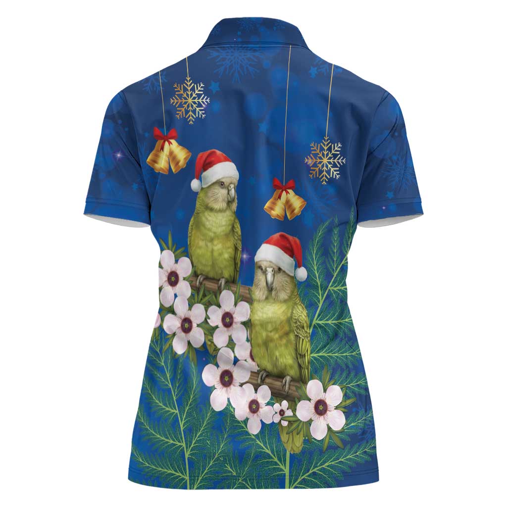 New Zealand Kakapo Christmas Women Polo Shirt Owl Parrot Santa Sliver Fern Manuka - Blue - Polynesian Pride