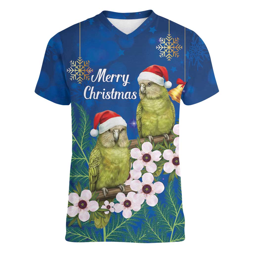 New Zealand Kakapo Christmas Women V-Neck T-Shirt Owl Parrot Santa Sliver Fern Manuka - Blue - Polynesian Pride