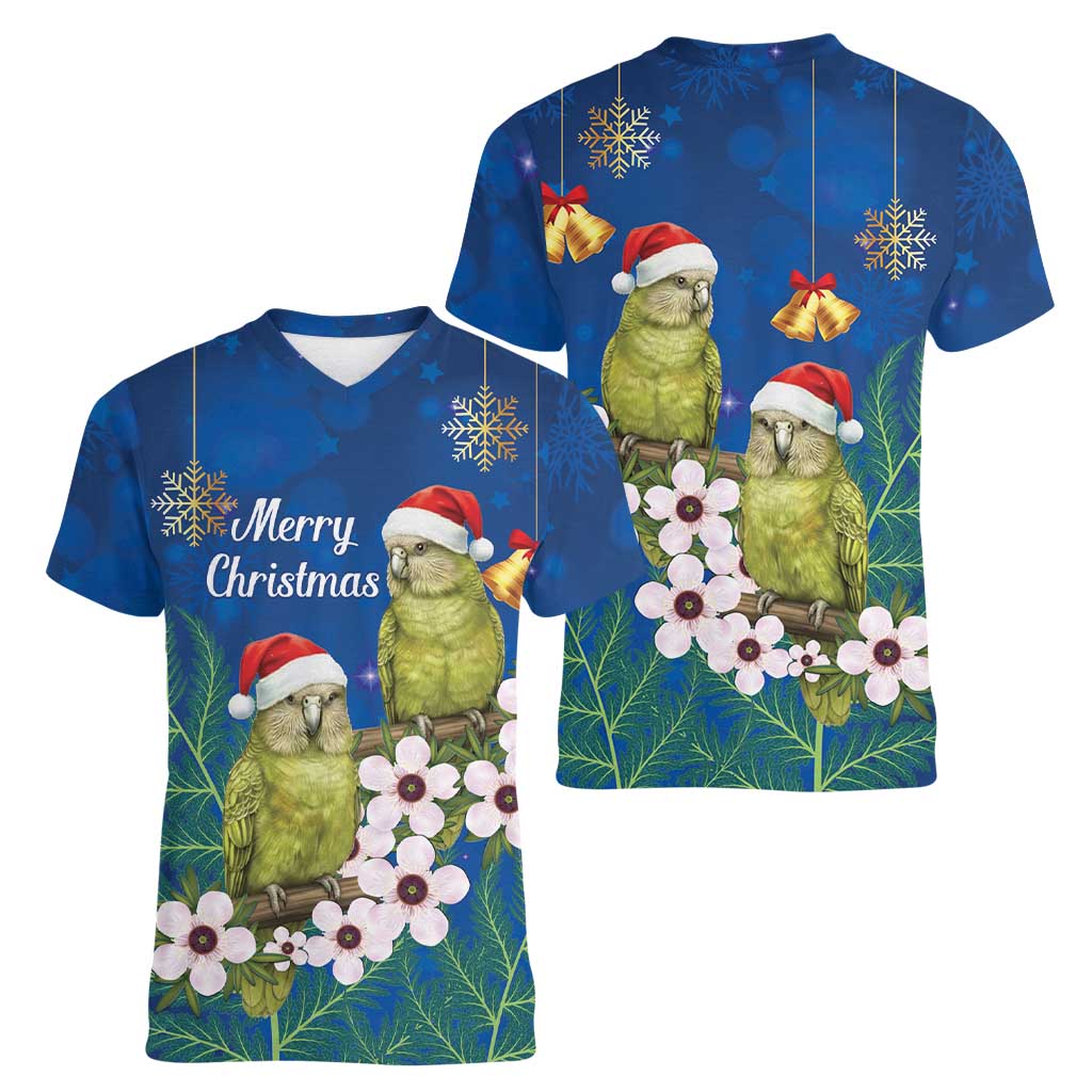 New Zealand Kakapo Christmas Women V-Neck T-Shirt Owl Parrot Santa Sliver Fern Manuka - Blue LT14 - Polynesian Pride