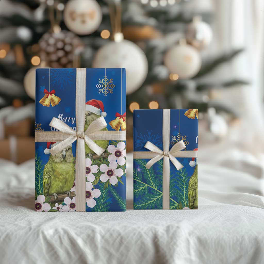 New Zealand Kakapo Christmas Wrapping Paper Owl Parrot Santa Sliver Fern Manuka - Blue - Polynesian Pride