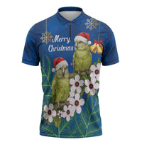 New Zealand Kakapo Christmas Zipper Polo Shirt Owl Parrot Santa Sliver Fern Manuka - Blue LT14 Blue - Polynesian Pride