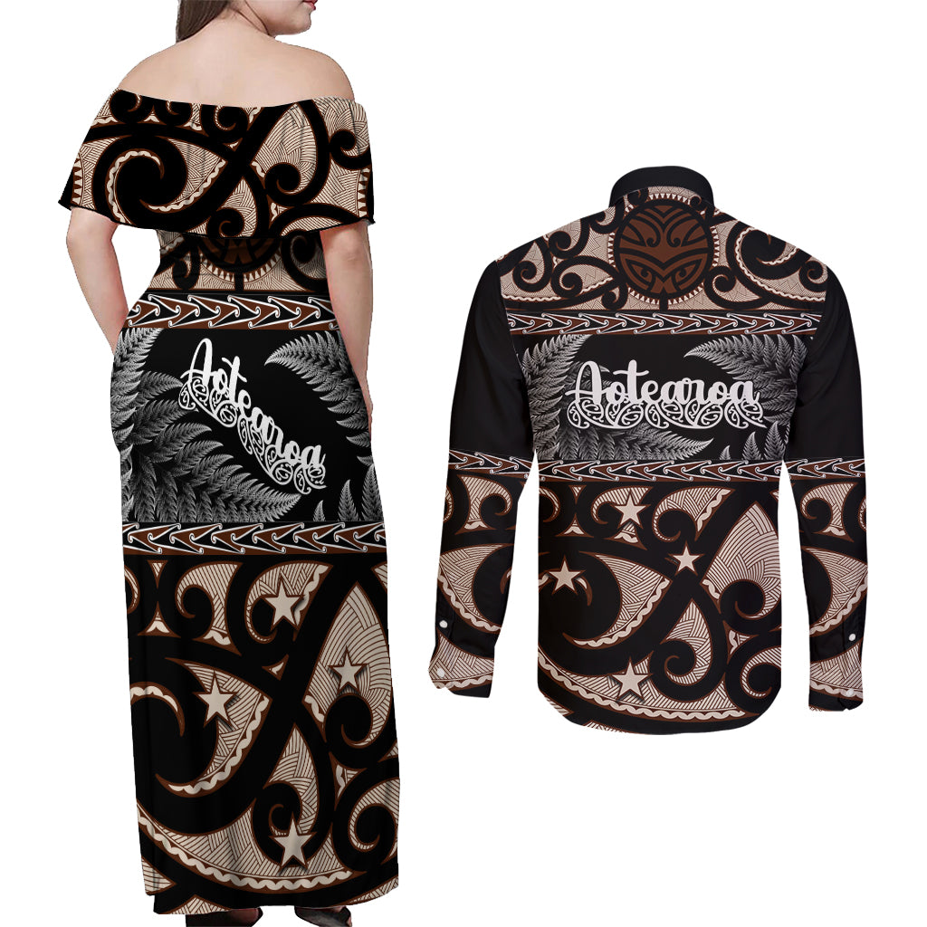 Kia Ora New Zealand Couples Matching Off Shoulder Maxi Dress and Long Sleeve Button Shirt Aotearoa Proud Maori With Silver Fern LT14 - Polynesian Pride