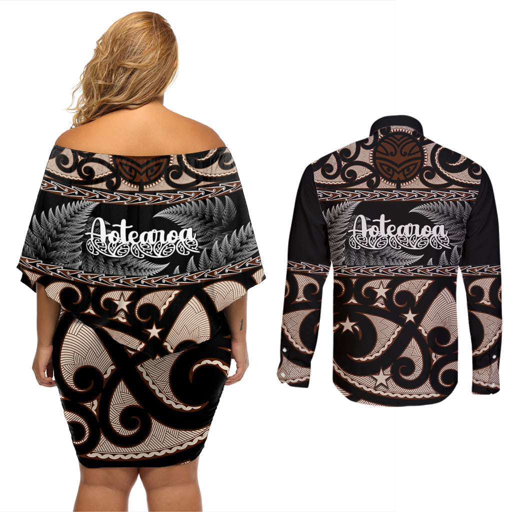 Kia Ora New Zealand Couples Matching Off Shoulder Short Dress and Long Sleeve Button Shirt Aotearoa Proud Maori With Silver Fern LT14 - Polynesian Pride