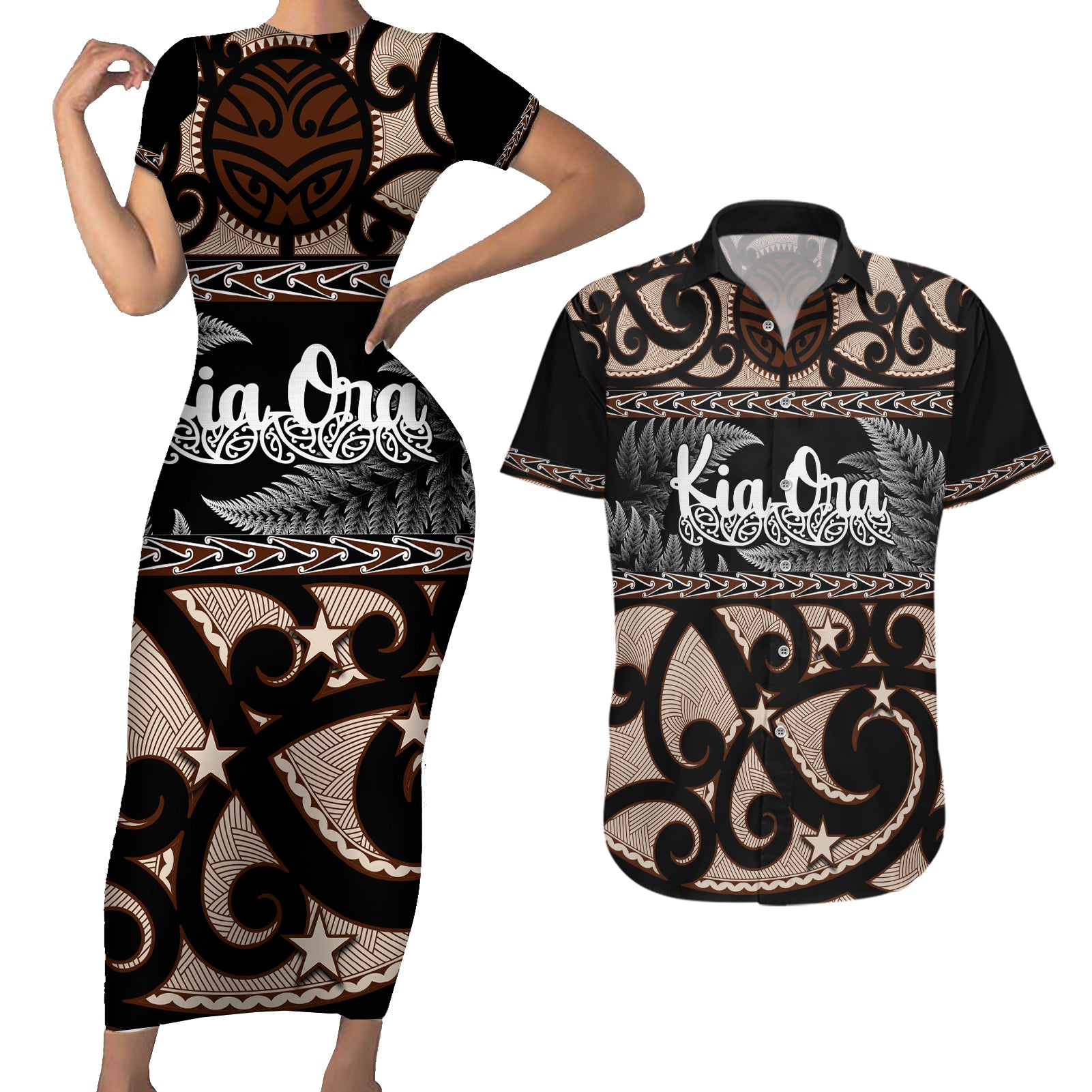 Kia Ora New Zealand Couples Matching Short Sleeve Bodycon Dress and Hawaiian Shirt Aotearoa Proud Maori With Silver Fern LT14 Black - Polynesian Pride