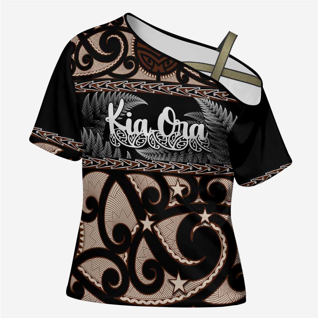 Kia Ora New Zealand Cross Shoulder Shirt Aotearoa Proud Maori Silver Fern - Polynesian Pride