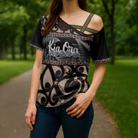 Kia Ora New Zealand Cross Shoulder Shirt Aotearoa Proud Maori Silver Fern - Polynesian Pride