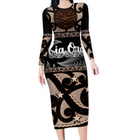 Kia Ora New Zealand Family Matching Long Sleeve Bodycon Dress and Hawaiian Shirt Aotearoa Proud Maori With Silver Fern LT14 Mom's Dress Black - Polynesian Pride