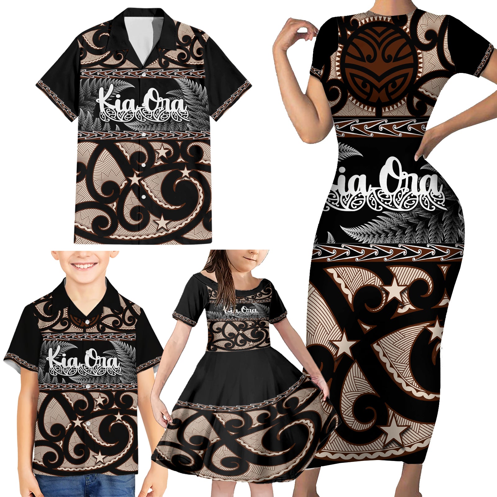 Kia Ora New Zealand Family Matching Short Sleeve Bodycon Dress and Hawaiian Shirt Aotearoa Proud Maori With Silver Fern LT14 - Polynesian Pride