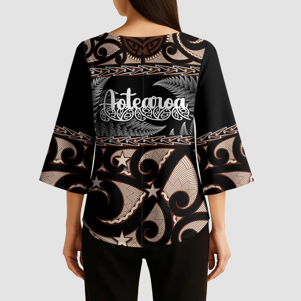 Kia Ora New Zealand Kimono Sleeve Blouse Aotearoa Proud Maori Silver Fern - Polynesian Pride