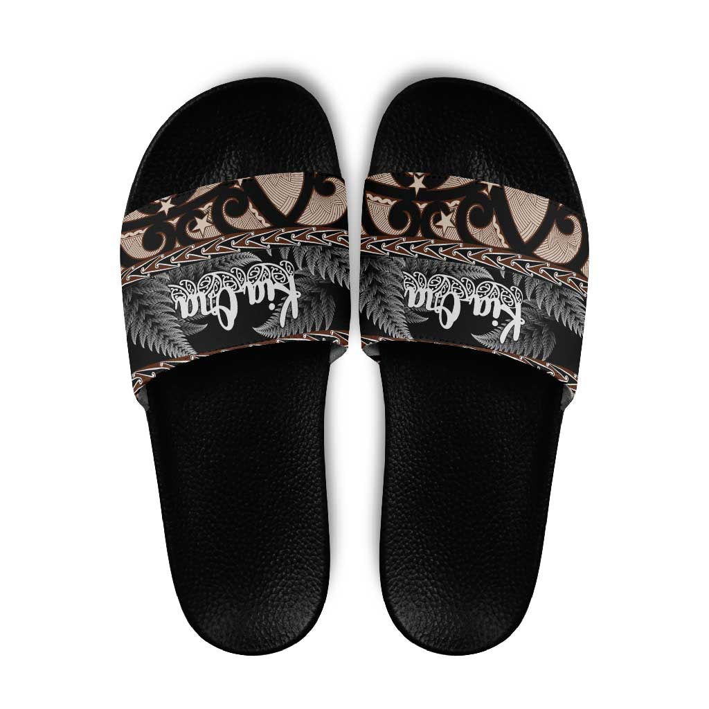 Kia Ora New Zealand Slide Sandals Aotearoa Proud Maori Silver Fern LT14 Black - Polynesian Pride