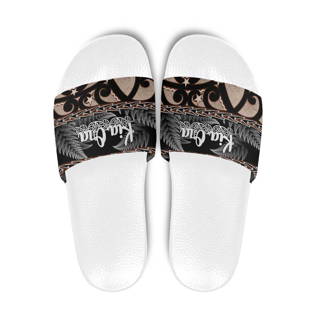 Kia Ora New Zealand Slide Sandals Aotearoa Proud Maori Silver Fern LT14 Black - Polynesian Pride