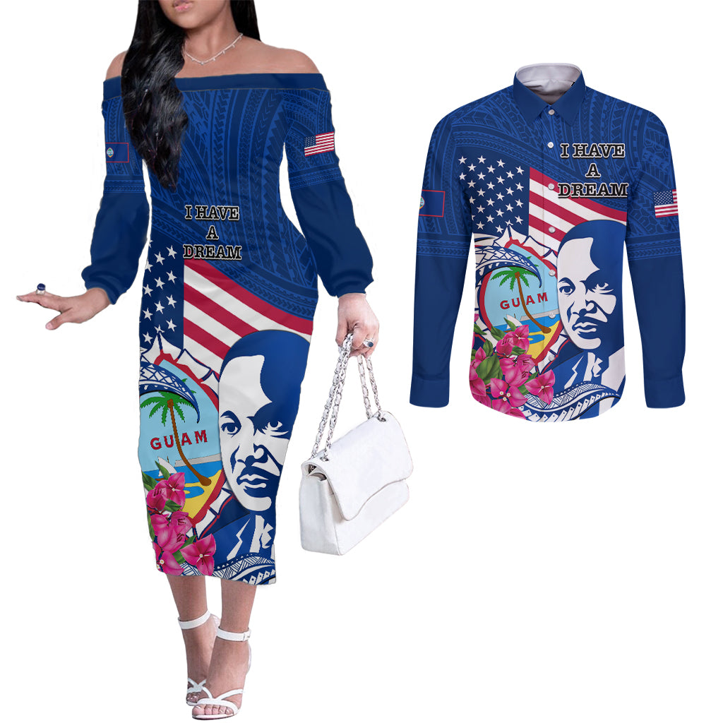 Guam Martin Luther King Jr Day Couples Matching Off The Shoulder Long Sleeve Dress and Long Sleeve Button Shirt I Have A Dream Guahan Seal With Bougainvillea LT14 Blue - Polynesian Pride