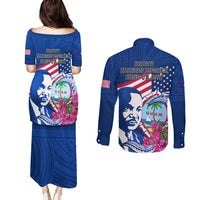Guam Martin Luther King Jr Day Couples Matching Puletasi Dress and Long Sleeve Button Shirt I Have A Dream Guahan Seal With Bougainvillea LT14 - Polynesian Pride