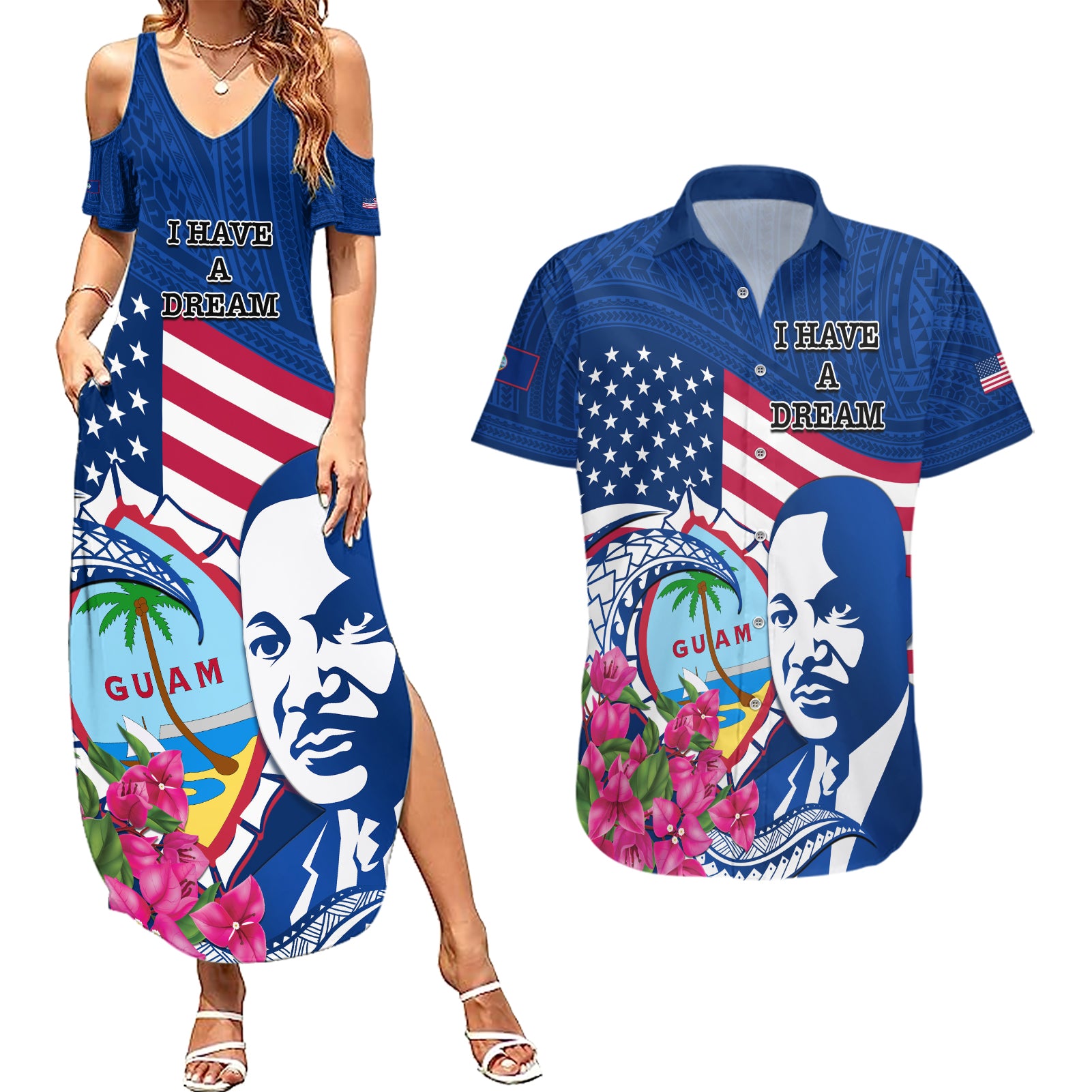 Guam Martin Luther King Jr Day Couples Matching Summer Maxi Dress and Hawaiian Shirt I Have A Dream Guahan Seal With Bougainvillea LT14 Blue - Polynesian Pride