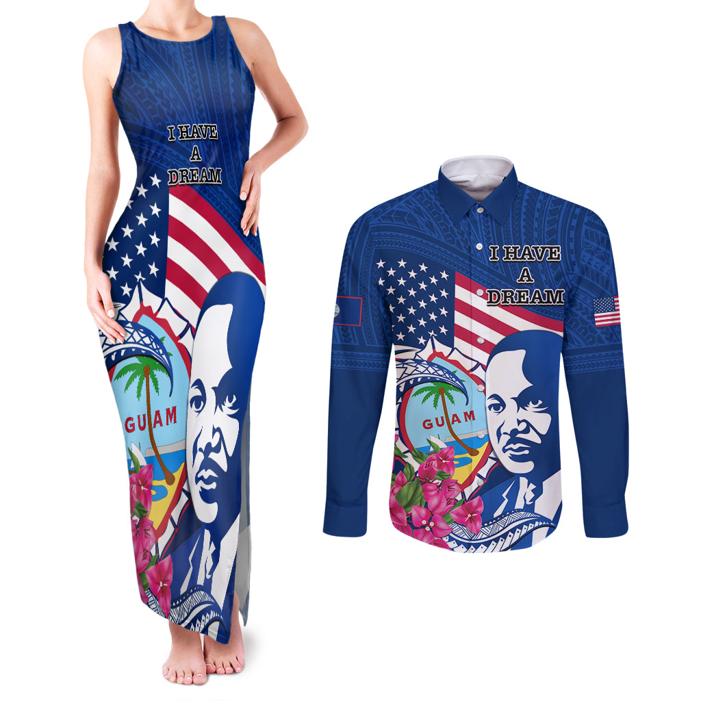 Guam Martin Luther King Jr Day Couples Matching Tank Maxi Dress and Long Sleeve Button Shirt I Have A Dream Guahan Seal With Bougainvillea LT14 Blue - Polynesian Pride