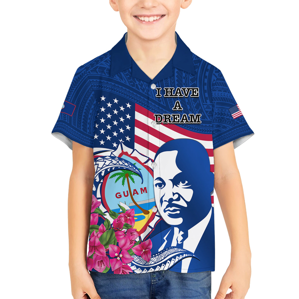 Guam Martin Luther King Jr Day Family Matching Long Sleeve Bodycon Dress and Hawaiian Shirt I Have A Dream Guahan Seal With Bougainvillea LT14 Son's Shirt Blue - Polynesian Pride