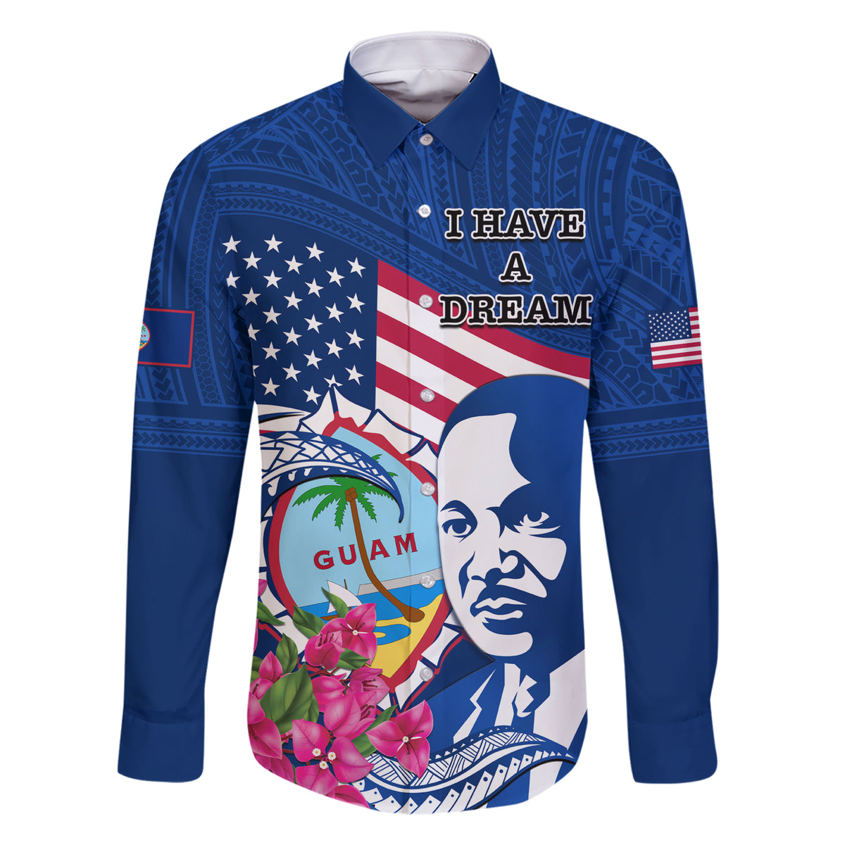Guam Martin Luther King Jr Day Family Matching Short Sleeve Bodycon Dress and Hawaiian Shirt I Have A Dream Guahan Seal With Bougainvillea LT14 Dad's Shirt - Long Sleeve Blue - Polynesian Pride